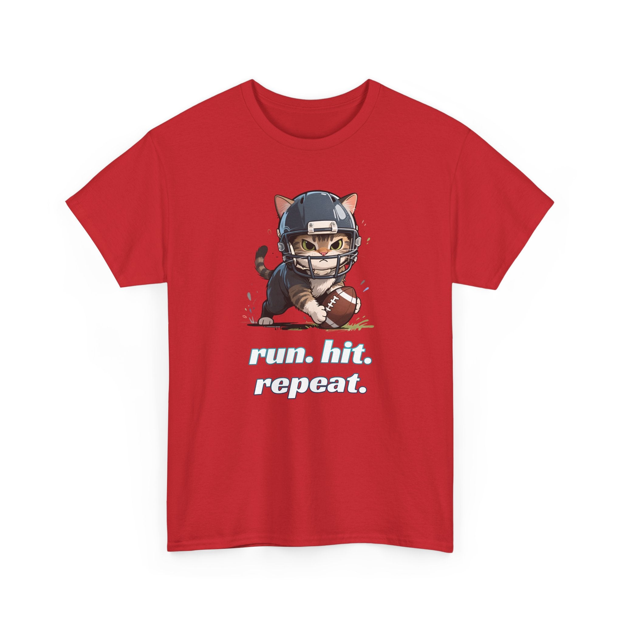 Funny Football Cat T-Shirt — "Run. Hit. Repeat." Cute Helmet Kitten Tee for Football Fans