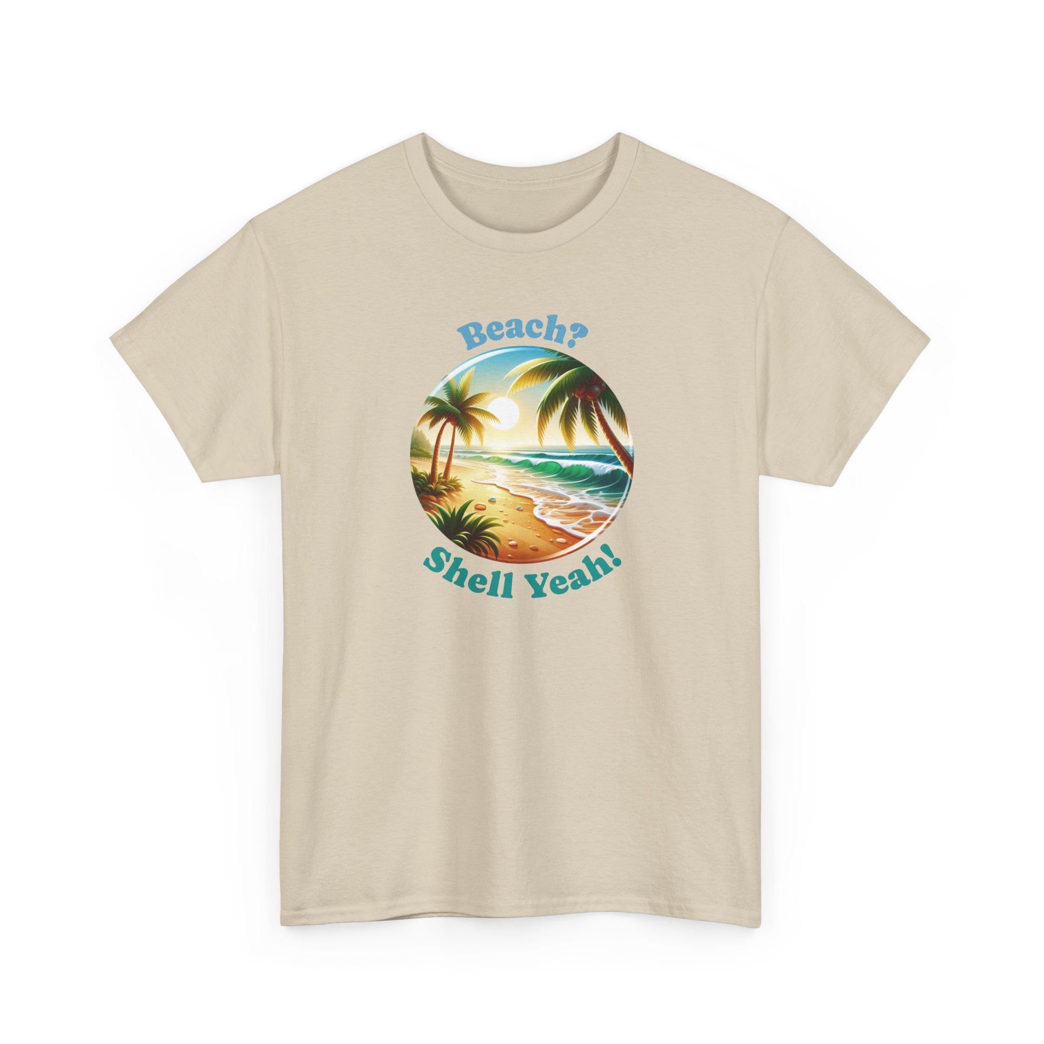 a beach graphic with palm trees in the middle with the text 'beach? shell yeah!'