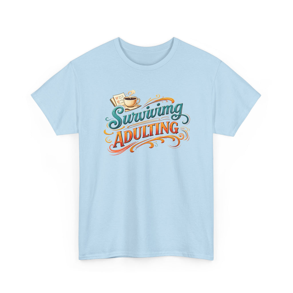 Light blue t-shirt with 'Surviving Adulting' text design on a white background