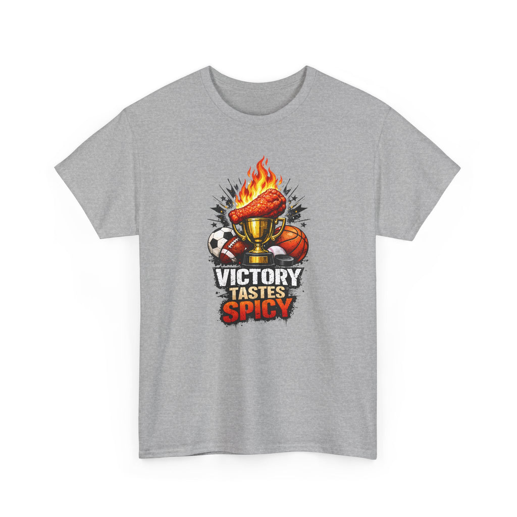 Gray t-shirt with a graphic design featuring a hot dog on a bun with flames, a cup, and the text 'Victory Tastes Spicy' on a white background.