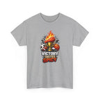 Gray t-shirt with a graphic design featuring a hot dog on a bun with flames, a cup, and the text 'Victory Tastes Spicy' on a white background.