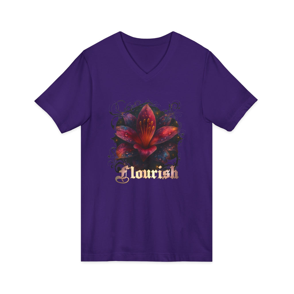 Floral Lily V‑Neck Tee – Dark Garden Bloom Graphic Shirt 'Flourish'