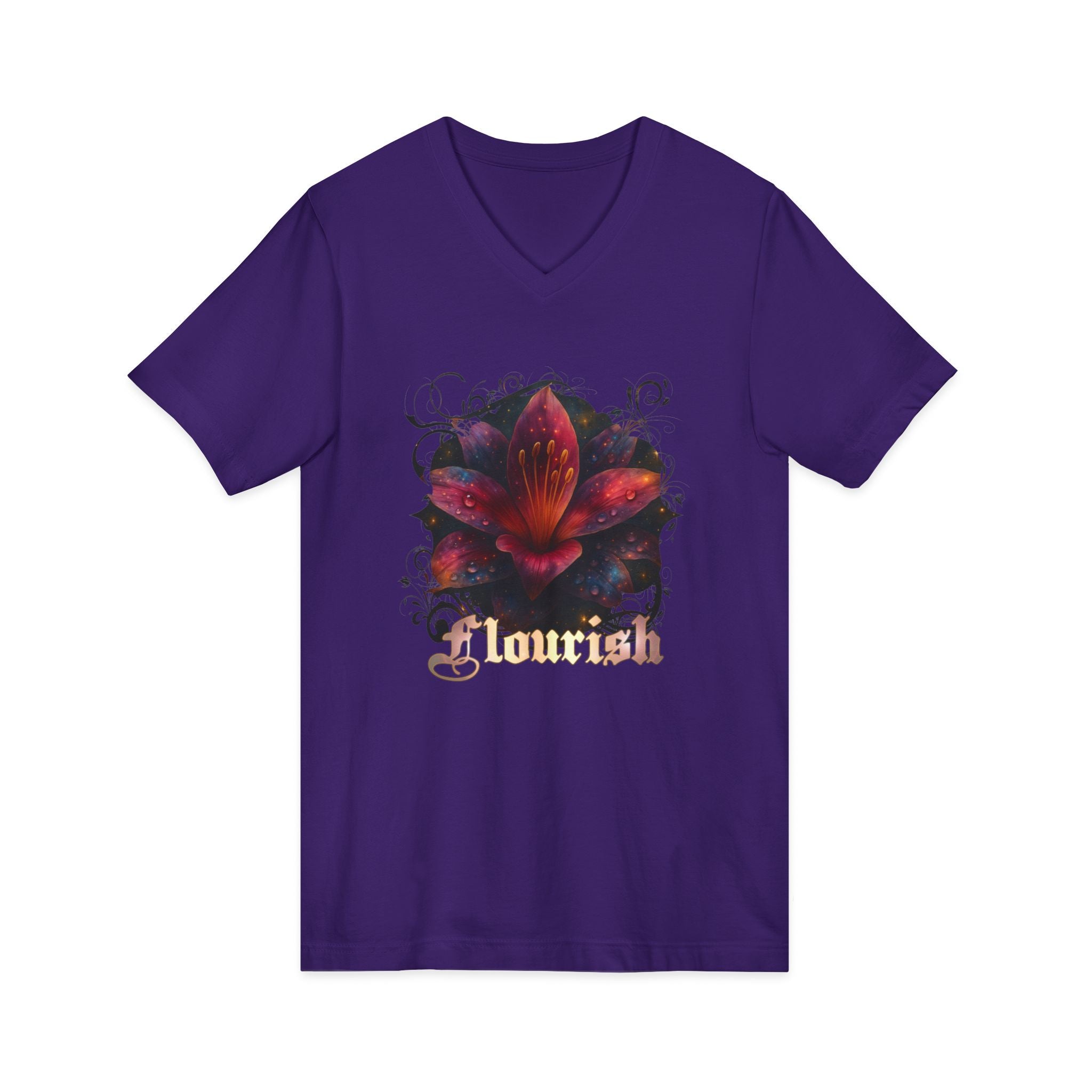 Floral Lily V‑Neck Tee – Dark Garden Bloom Graphic Shirt 'Flourish'