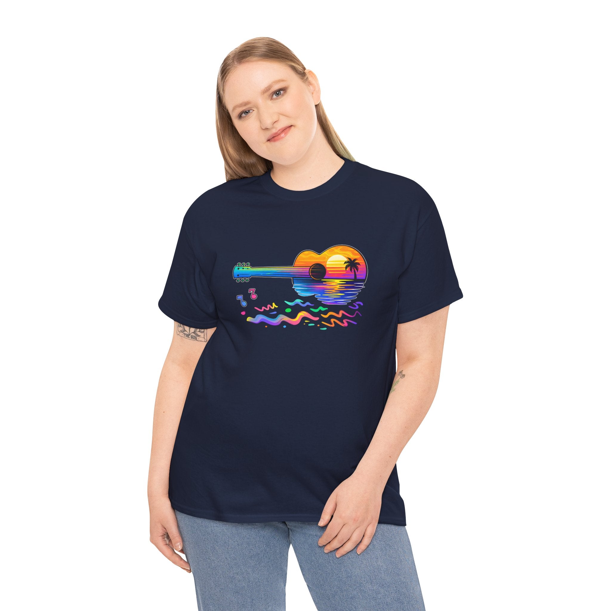 Guitar Sunset T-Shirt — Retro Tropical Sunrise Music Tee