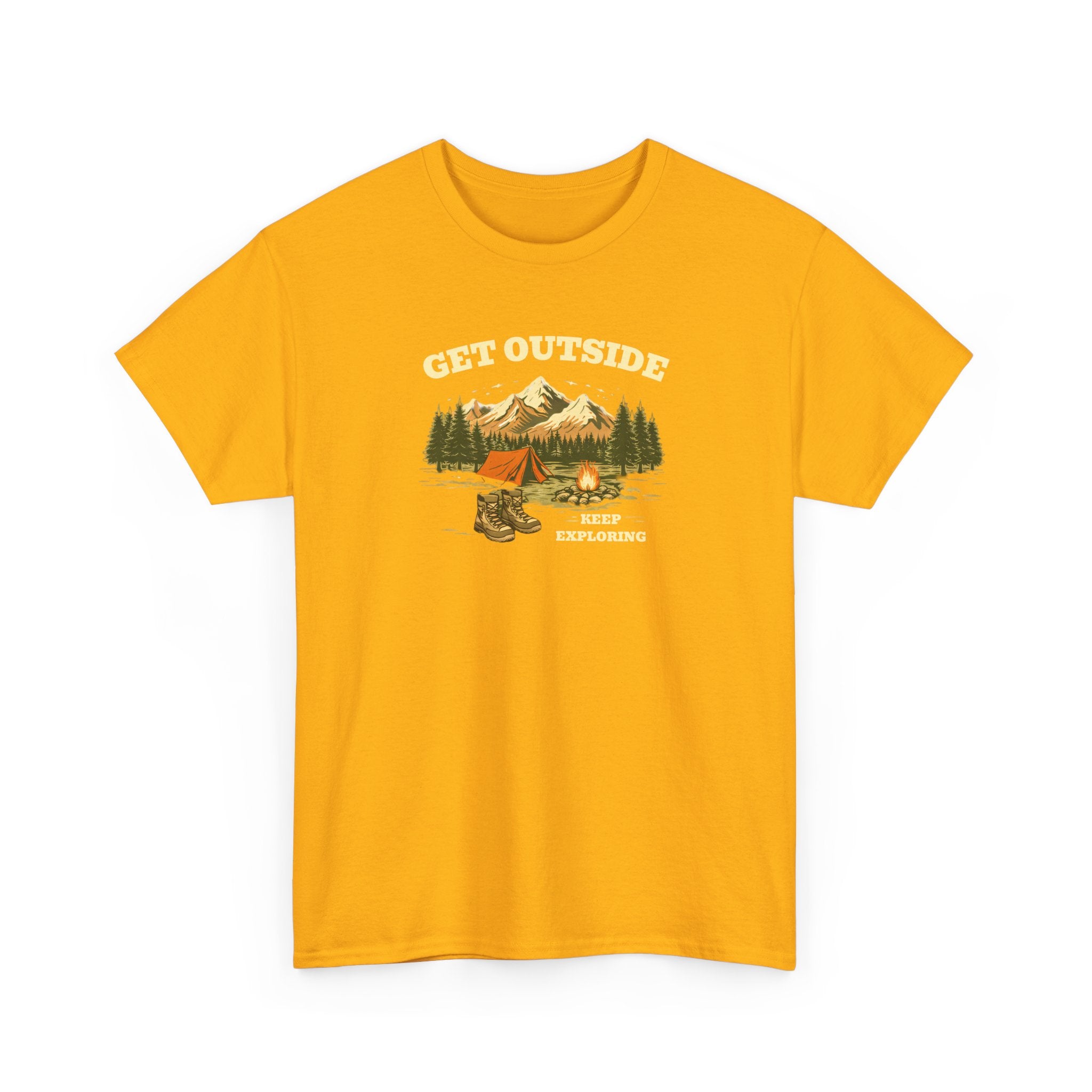 Get Outside Camping T-Shirt — Retro Mountain Tent & Campfire Tee