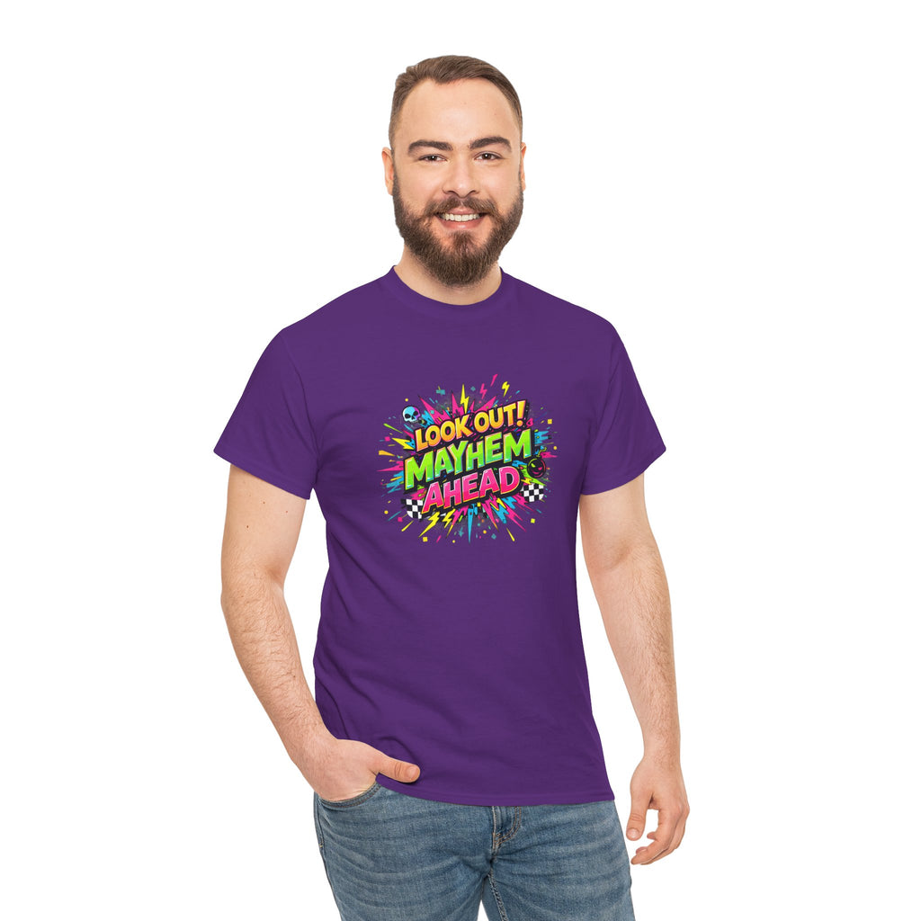 Look Out! Mayhem Ahead Graphic Tee — Colorful Retro Comic Humor Shirt