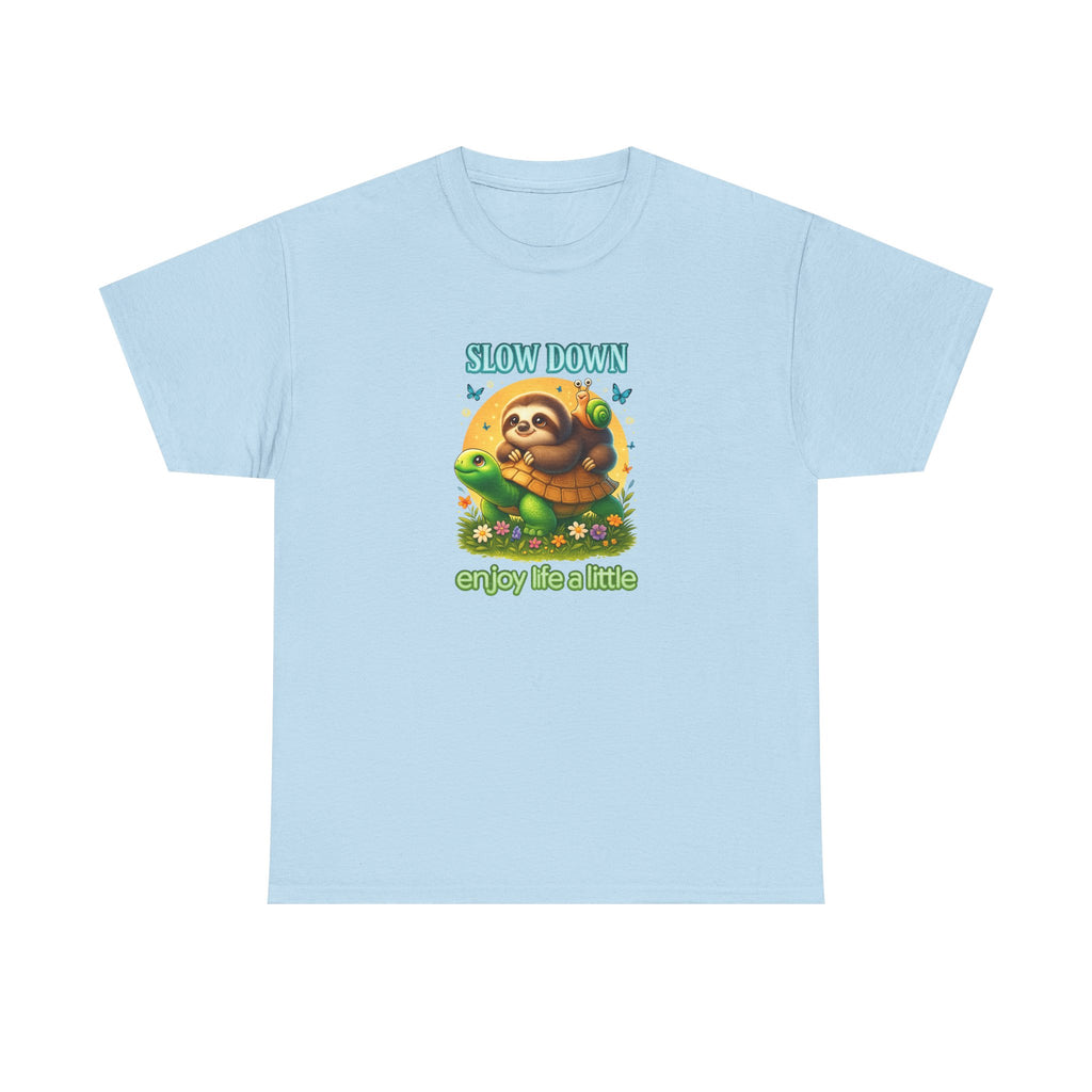 Slow Down Turtle Sloth & Snail V-Neck Tee — "Enjoy Life a Little" Relaxed Graphic Shirt
