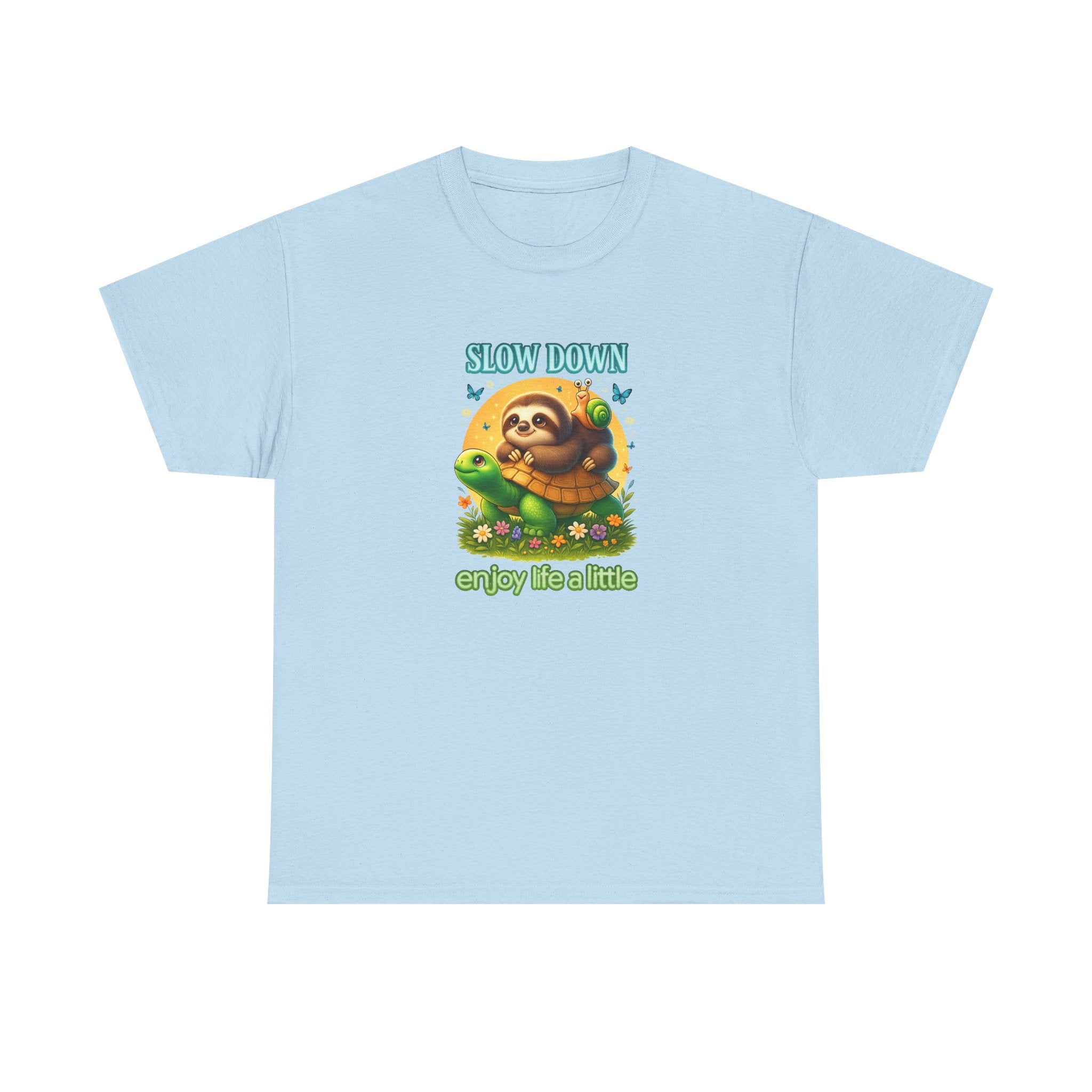 Slow Down Turtle Sloth & Snail V-Neck Tee — "Enjoy Life a Little" Relaxed Graphic Shirt
