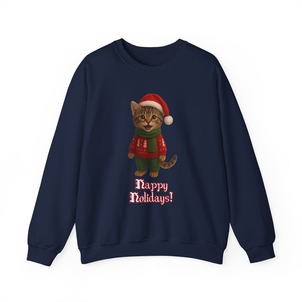 Christmas Kitten Sweatshirt – 'Happy Holidays!' Cute Cat Holiday Crewneck