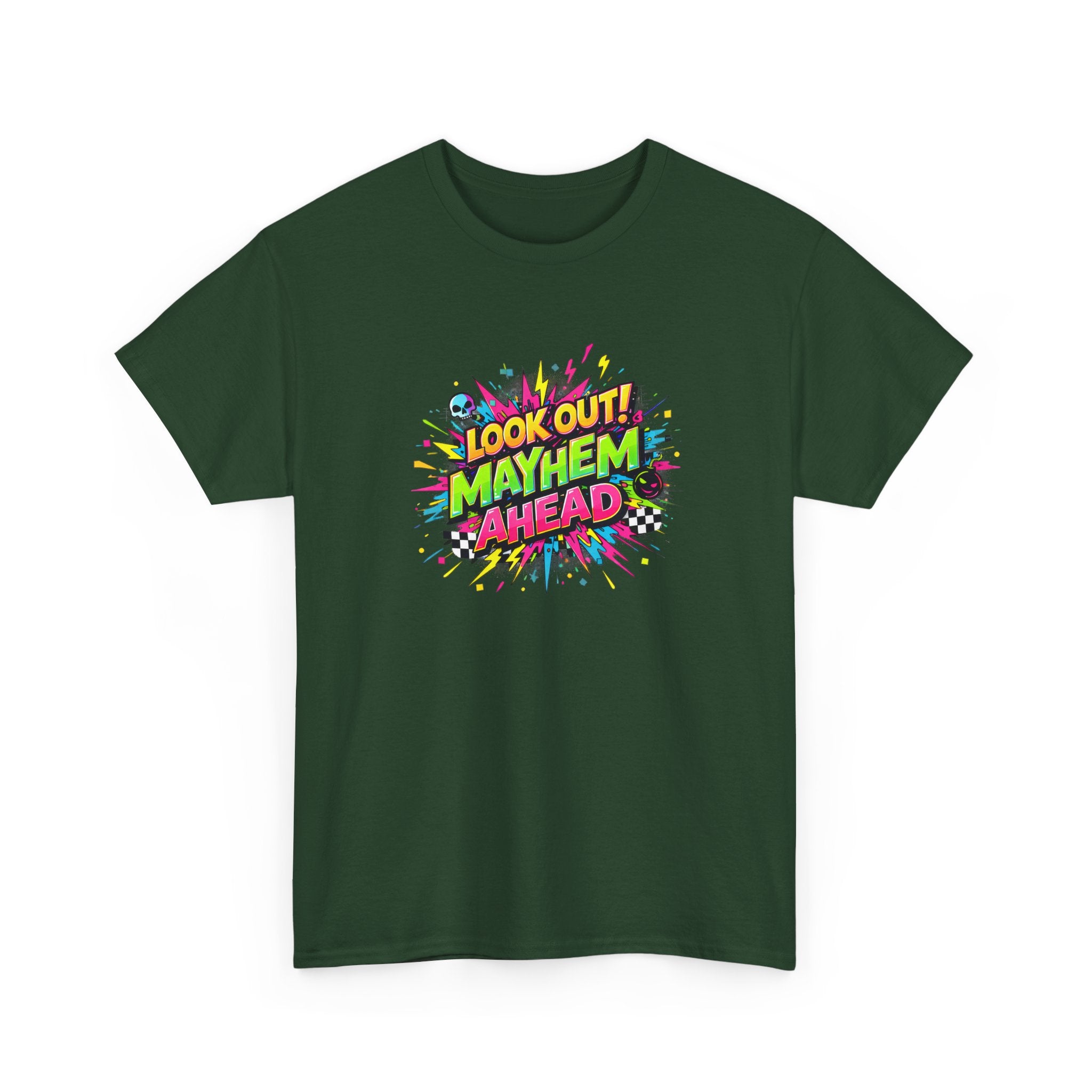 Look Out! Mayhem Ahead Graphic Tee — Colorful Retro Comic Humor Shirt