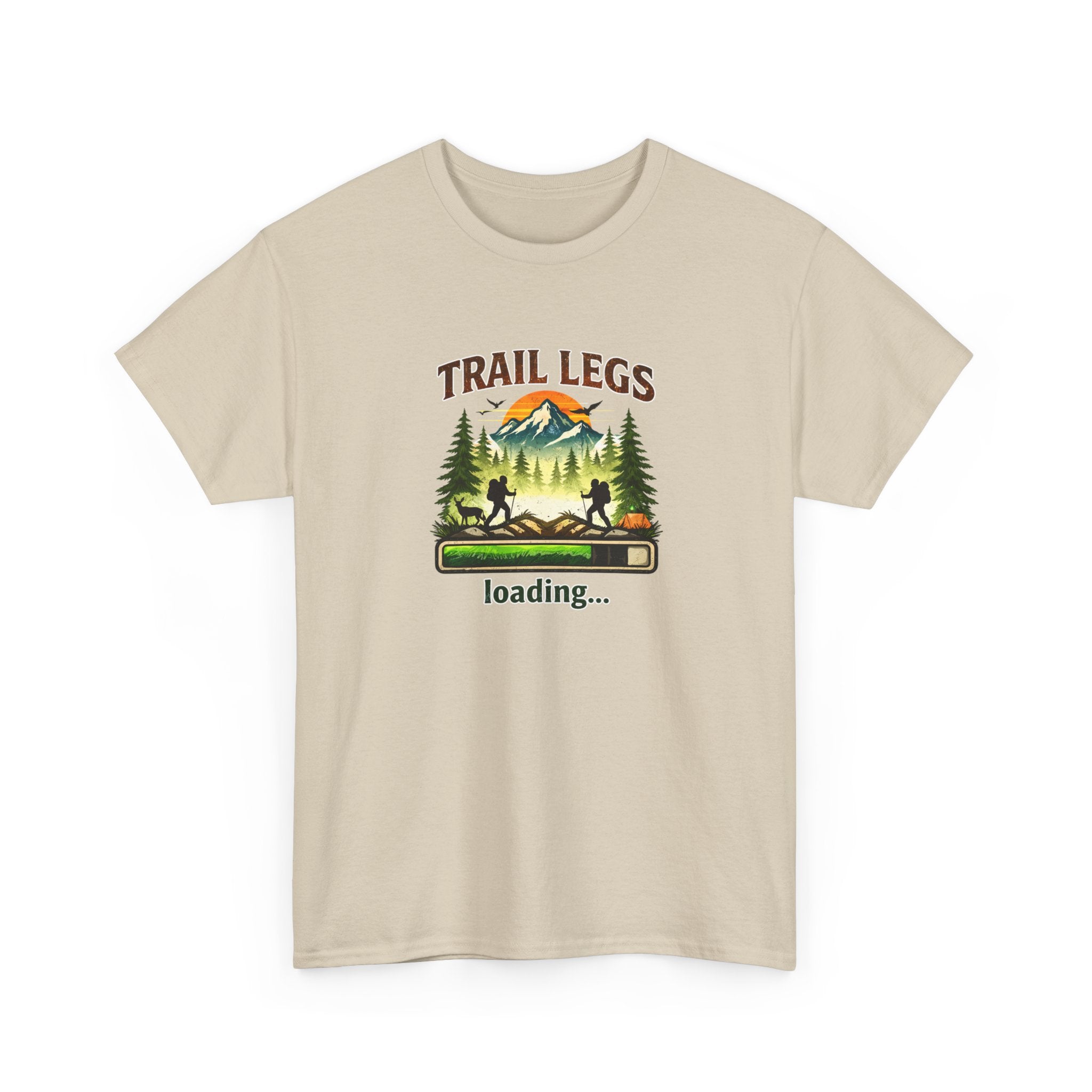 Beige t-shirt with 'Trail Legs loading' graphic design on a white background