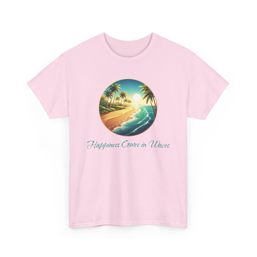 Beach Sunset T-Shirt — "Happiness Comes in Waves" Surf Graphic Tee