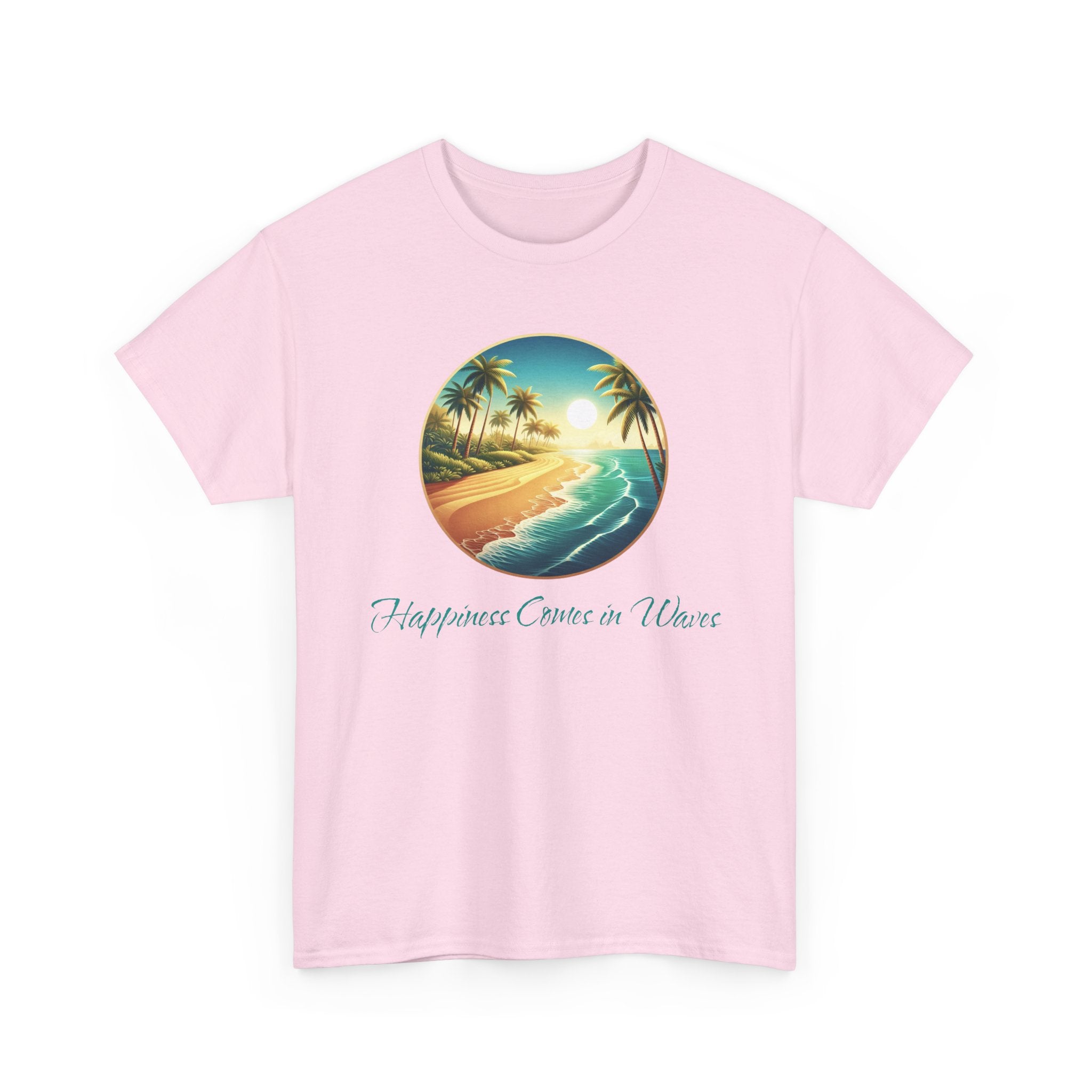 Beach Sunset T-Shirt — "Happiness Comes in Waves" Surf Graphic Tee