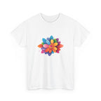 White t-shirt with a colorful flower design on a white background