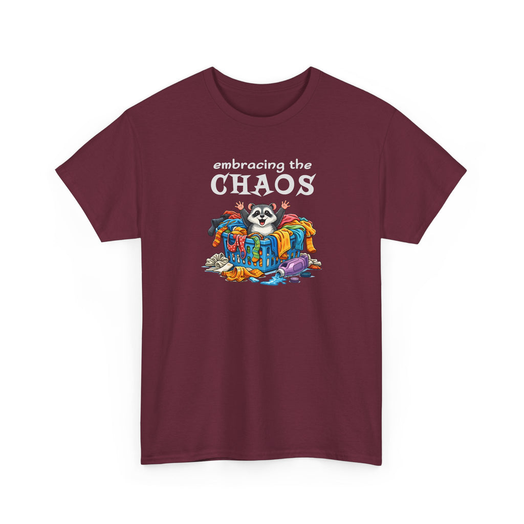 Embracing the Chaos T‑Shirt — Playful Raccoon & Messy Wardrobe Graphic Tee