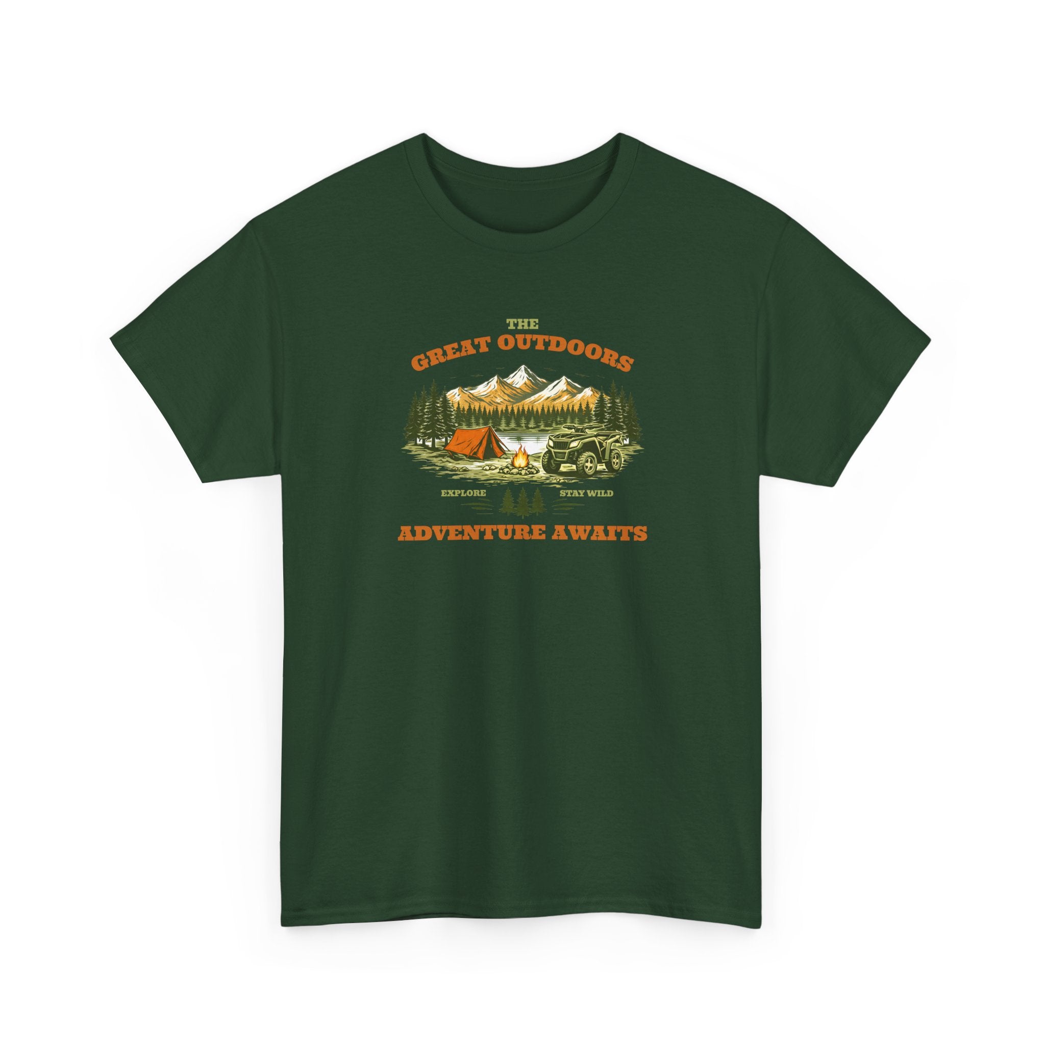 Green t-shirt with camping graphic and 'The Great Outdoors Adventure Awaits' text on a white background
