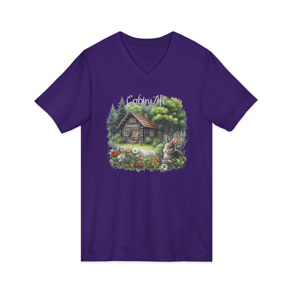 Cabin Life V-Neck Tee – Rustic Cottage & Bunny Nature Shirt