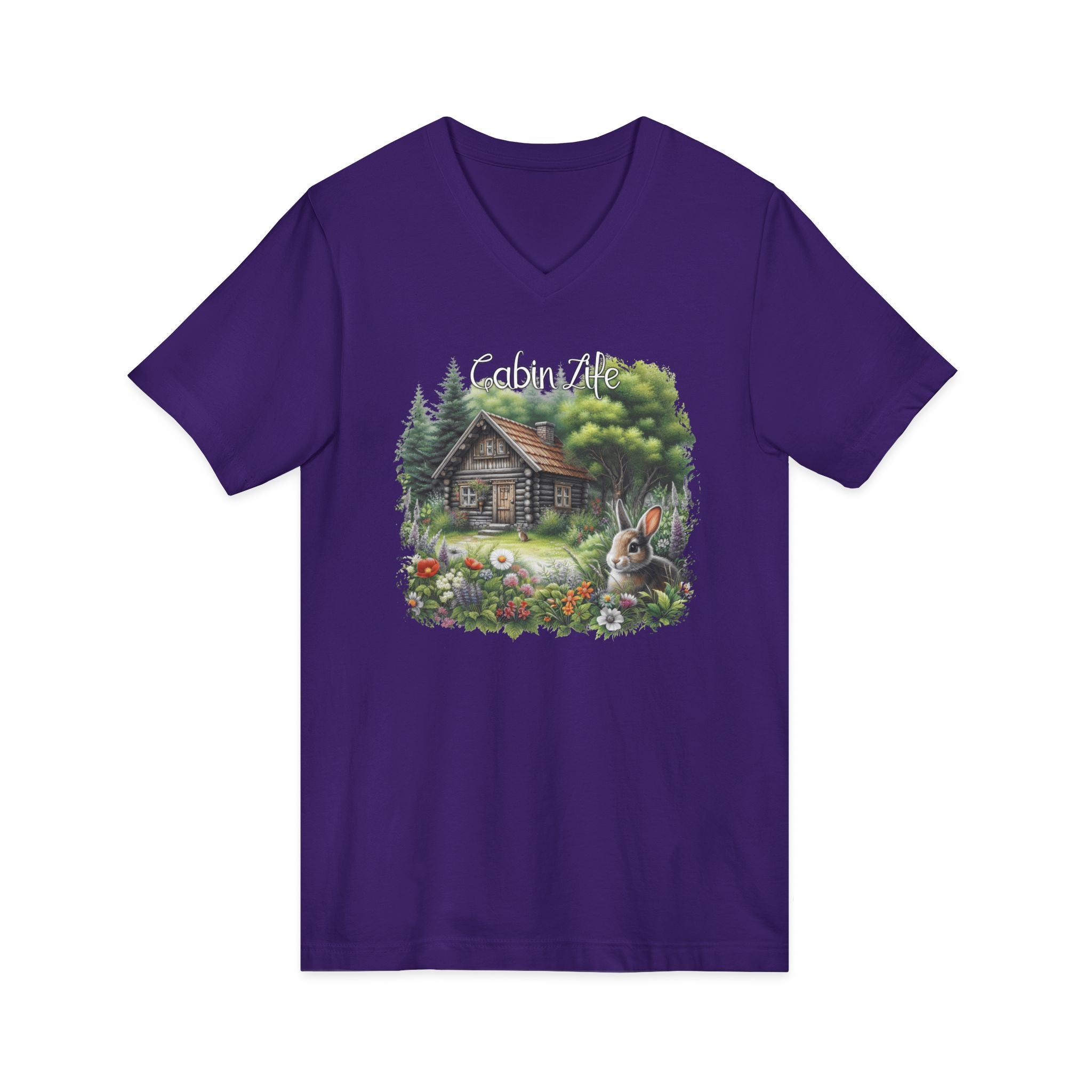 Cabin Life V-Neck Tee – Rustic Cottage & Bunny Nature Shirt