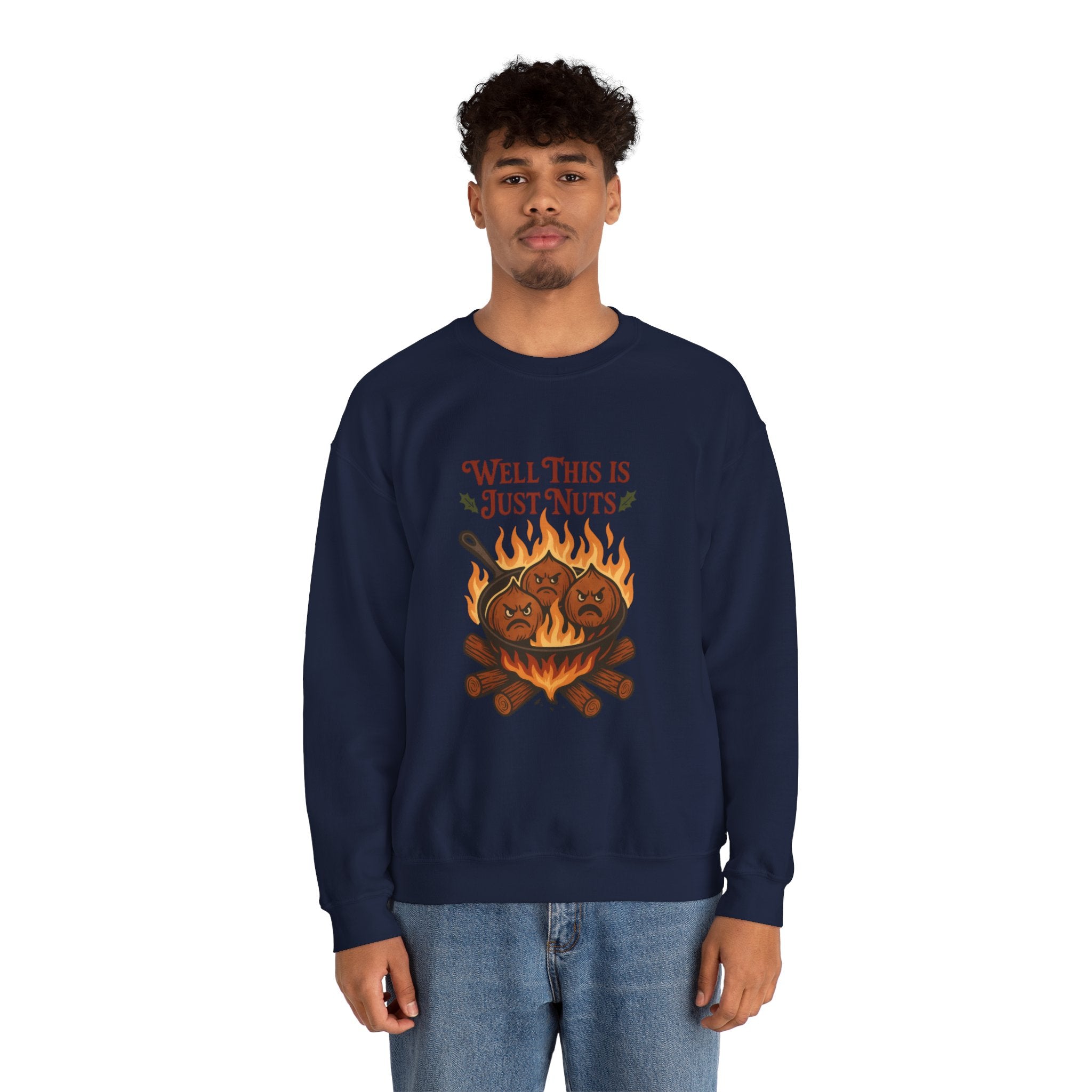 Crewneck Sweatshirt — "Well This Is Just Nuts" Roasting Chestnuts Graphic