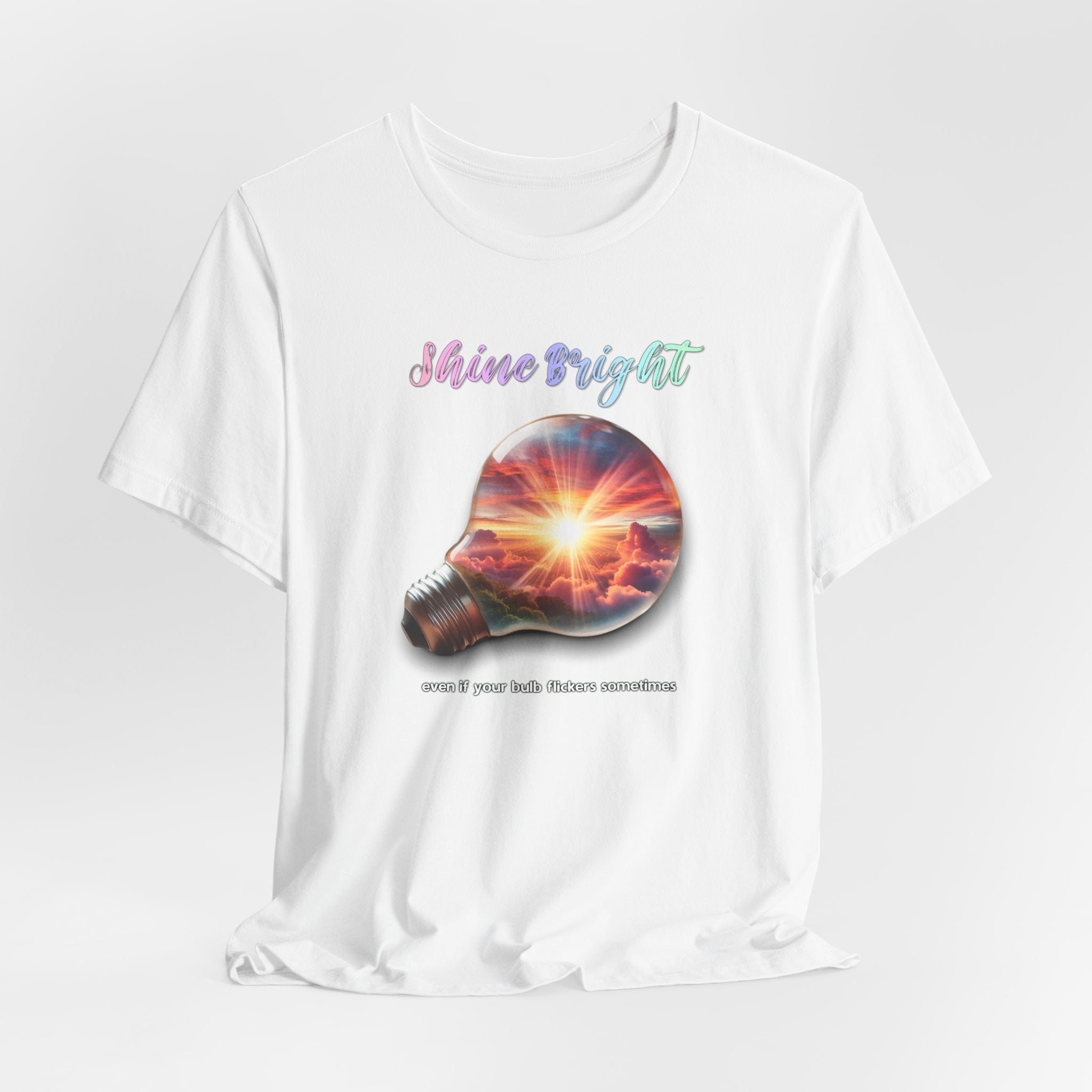 Shine Bright Lightbulb Graphic Tee — Inspirational Sunrise Design
