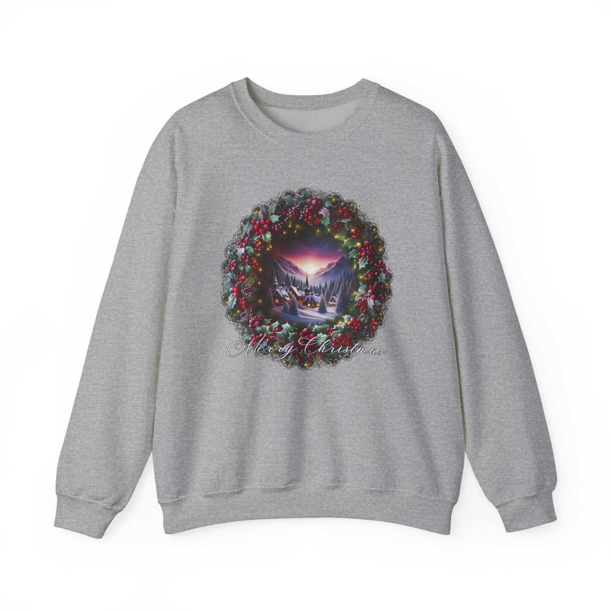 Christmas Wreath Crewneck Sweatshirt — Vintage Winter Scene Christmas Wishes