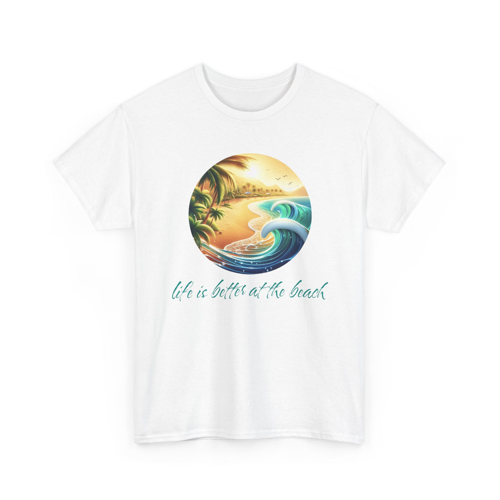 a beach graphic with palm trees in the middle with the text 'life is better at the beach'