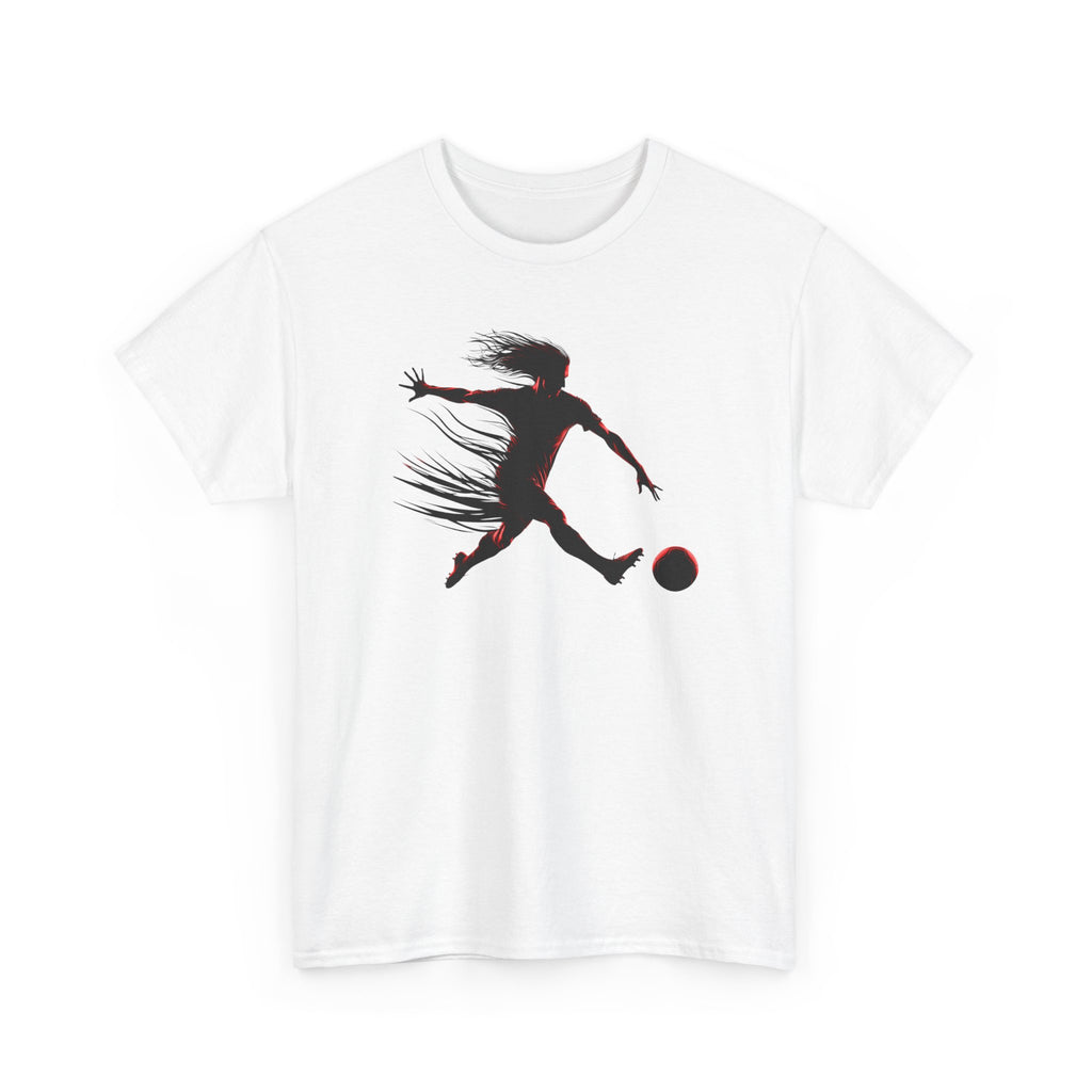 White t-shirt with a black silhouette of a person playing soccer on a white background