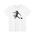 White t-shirt with a black silhouette of a person playing soccer on a white background