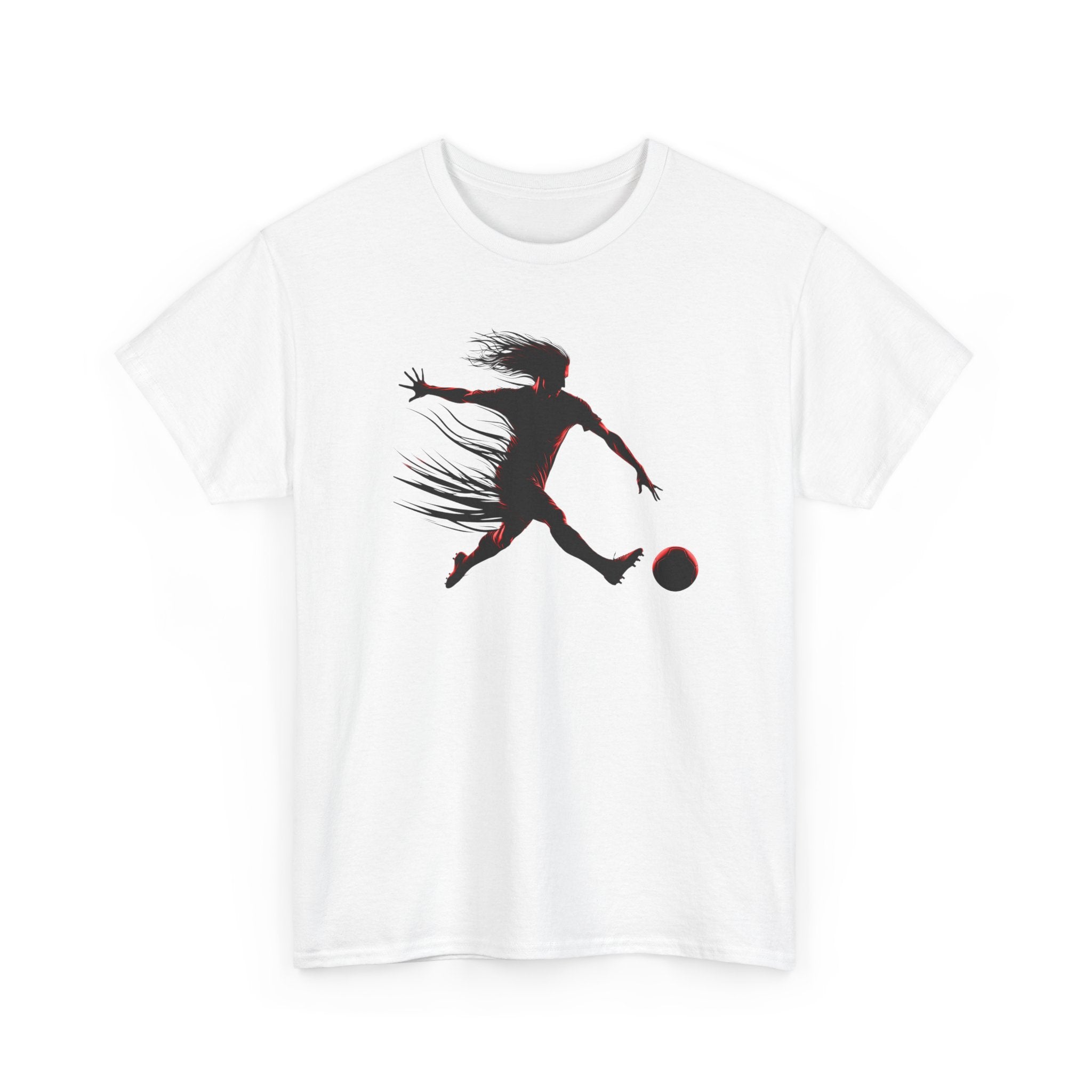White t-shirt with a black silhouette of a person playing soccer on a white background