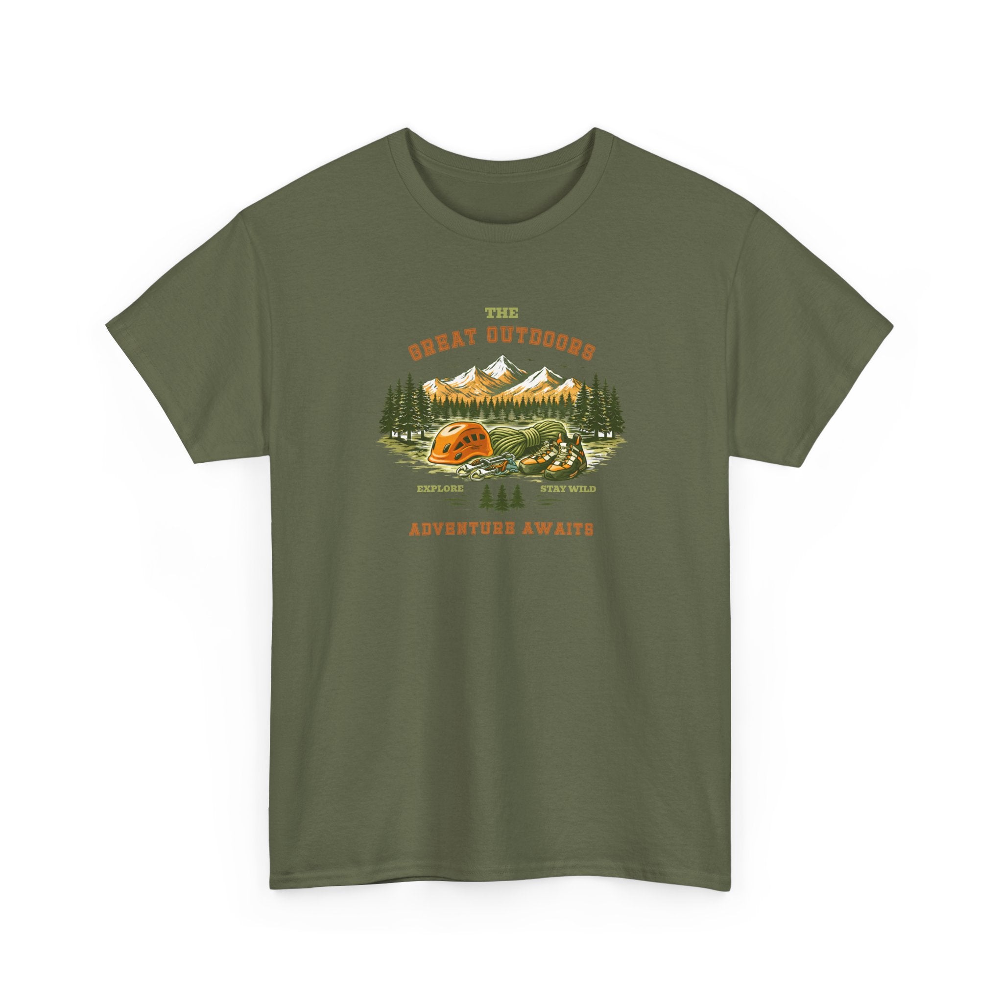 Rock Climbing Camping T-Shirt — "The Great Outdoors: Adventure Awaits" Graphic Tee