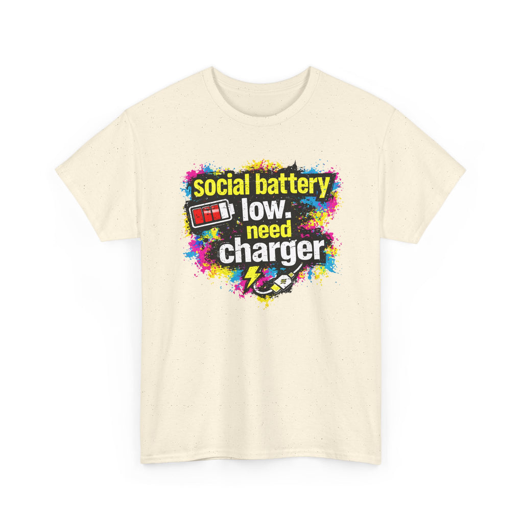 Social Battery Low Need Charger T-Shirt — Funny Sarcastic Introvert Graphic Tee