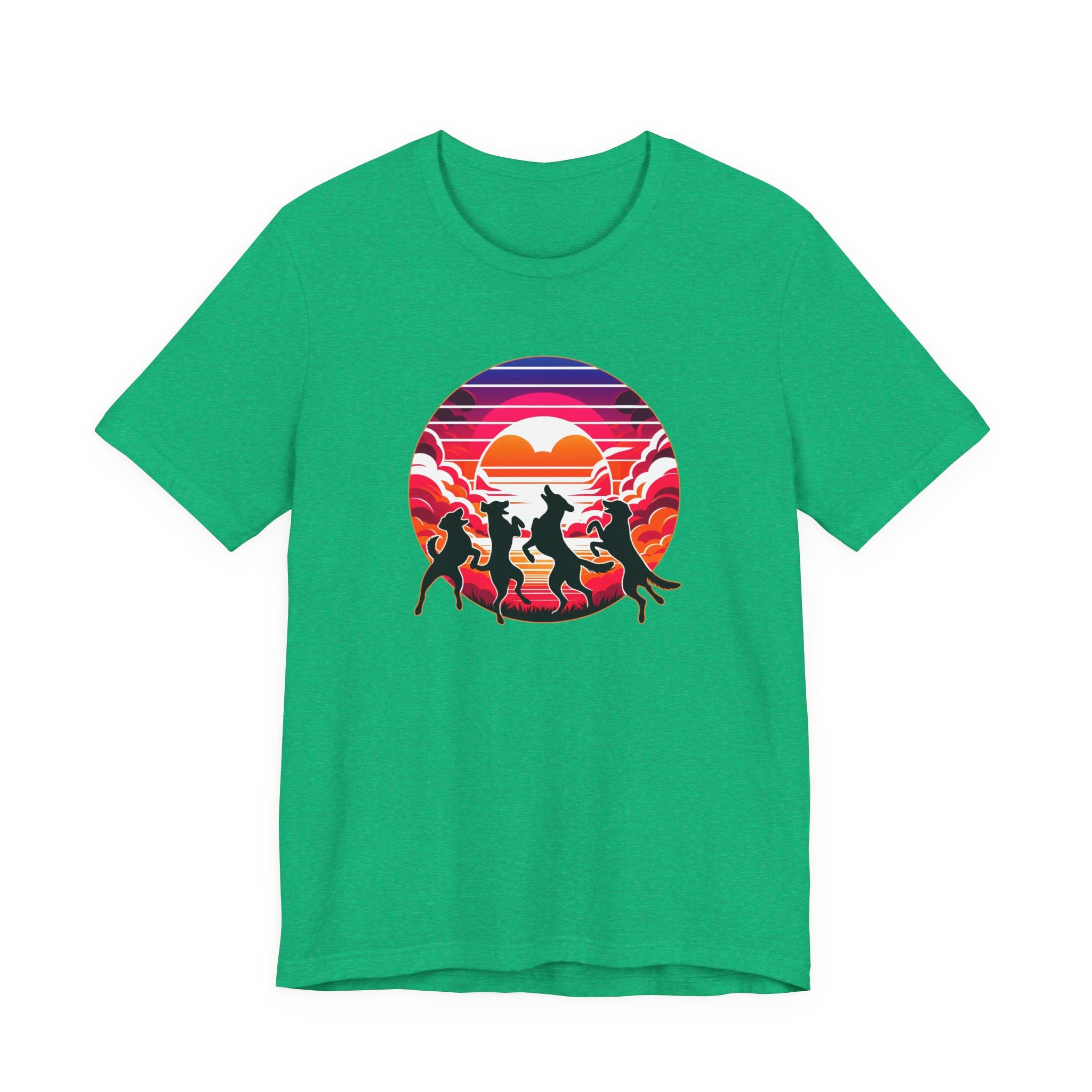 Retro Sunset Dancing Dogs T-Shirt — Vintage Rainbow Skyline Graphic Tee