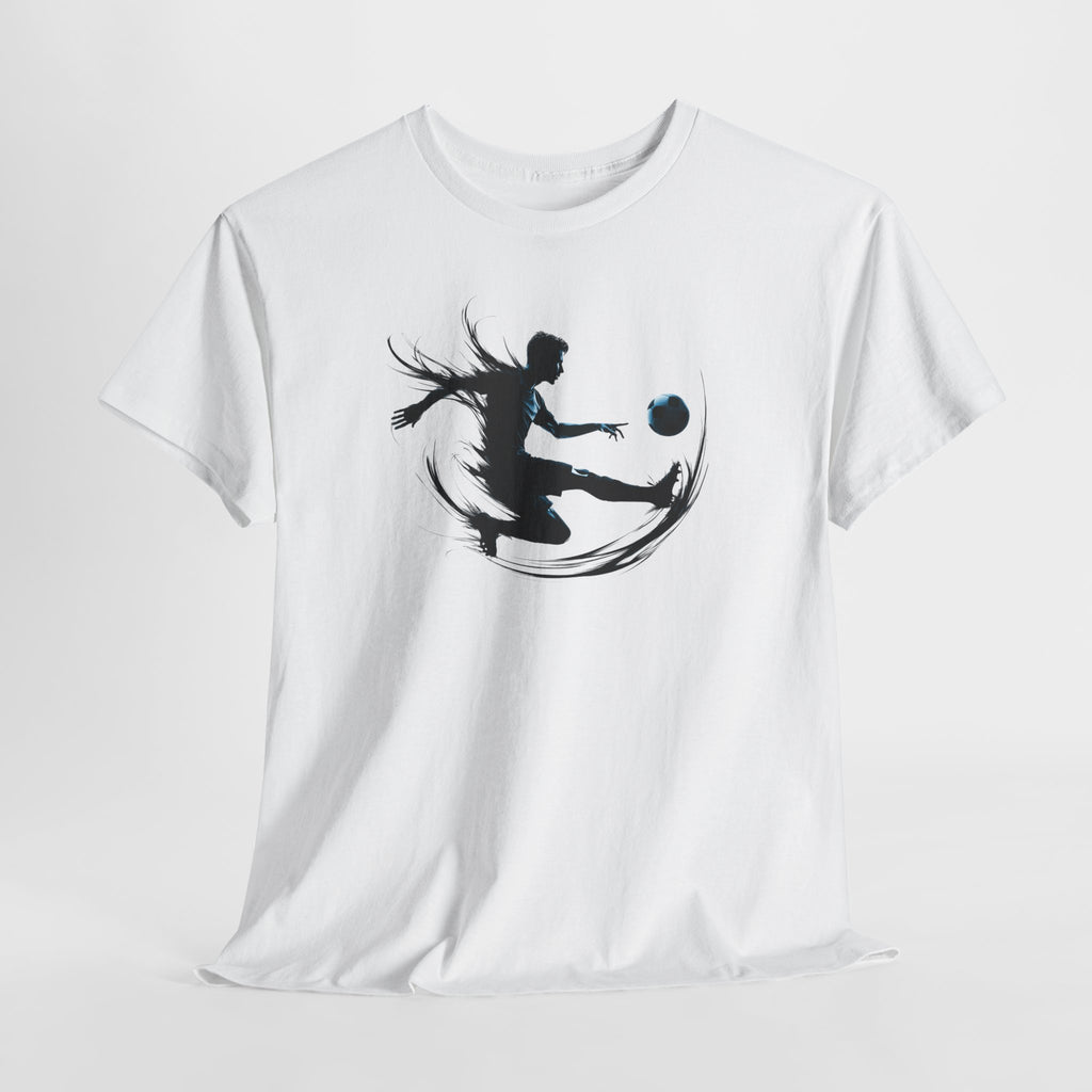 Soccer Player Silhouette Tee — Dynamic Kicking Football Graphic T-Shirt