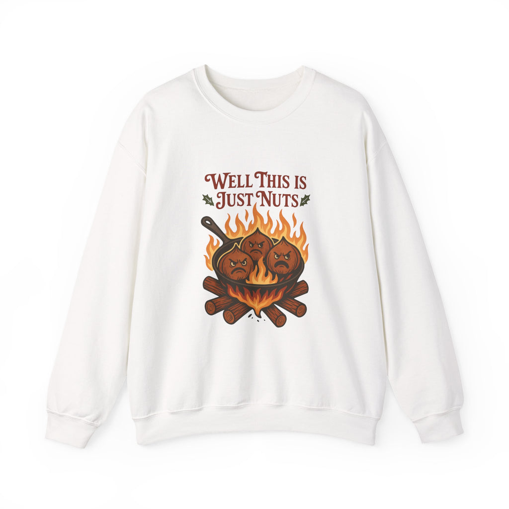 Funny Christmas chestnut roasting design featuring angry cartoon chestnuts in a frying pan over flames with the phrase ‘Well This Is Just Nuts,’ perfect for holiday shirts and gifts