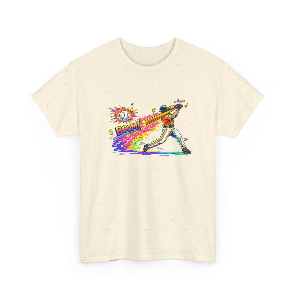 Baseball Batter Rainbow Blast Tee — 'Boom!' Graphic Sports T-Shirt