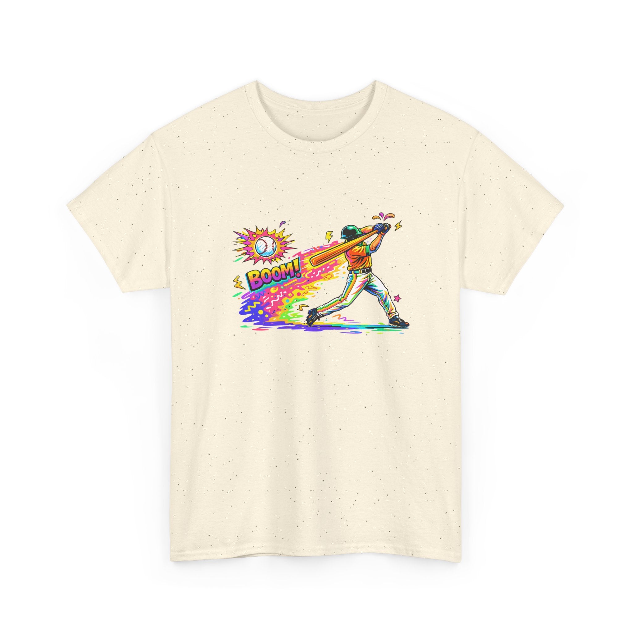 Baseball Batter Rainbow Blast Tee — 'Boom!' Graphic Sports T-Shirt