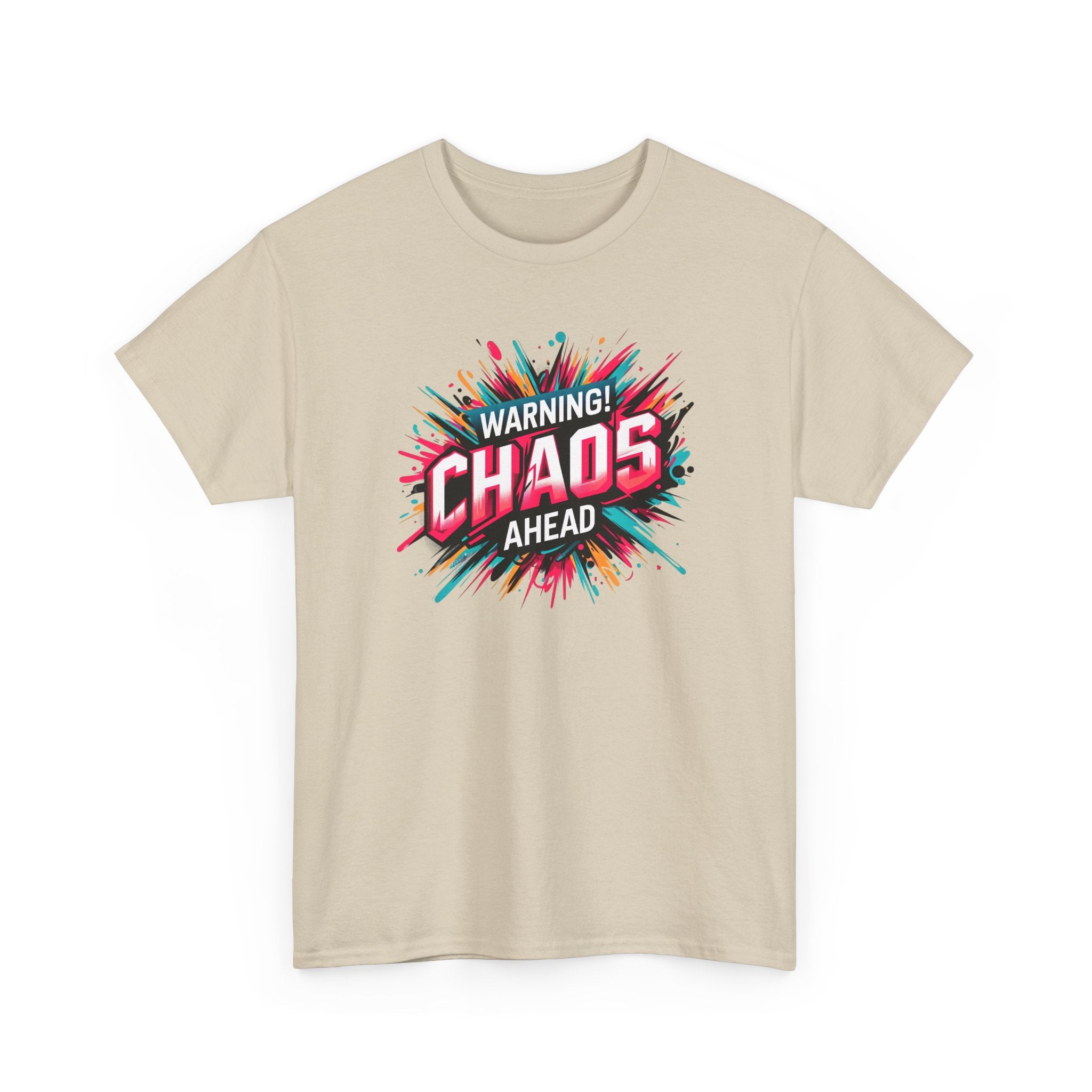 Chaos Ahead Graphic Tee — Warning! Colorful Explosion Design