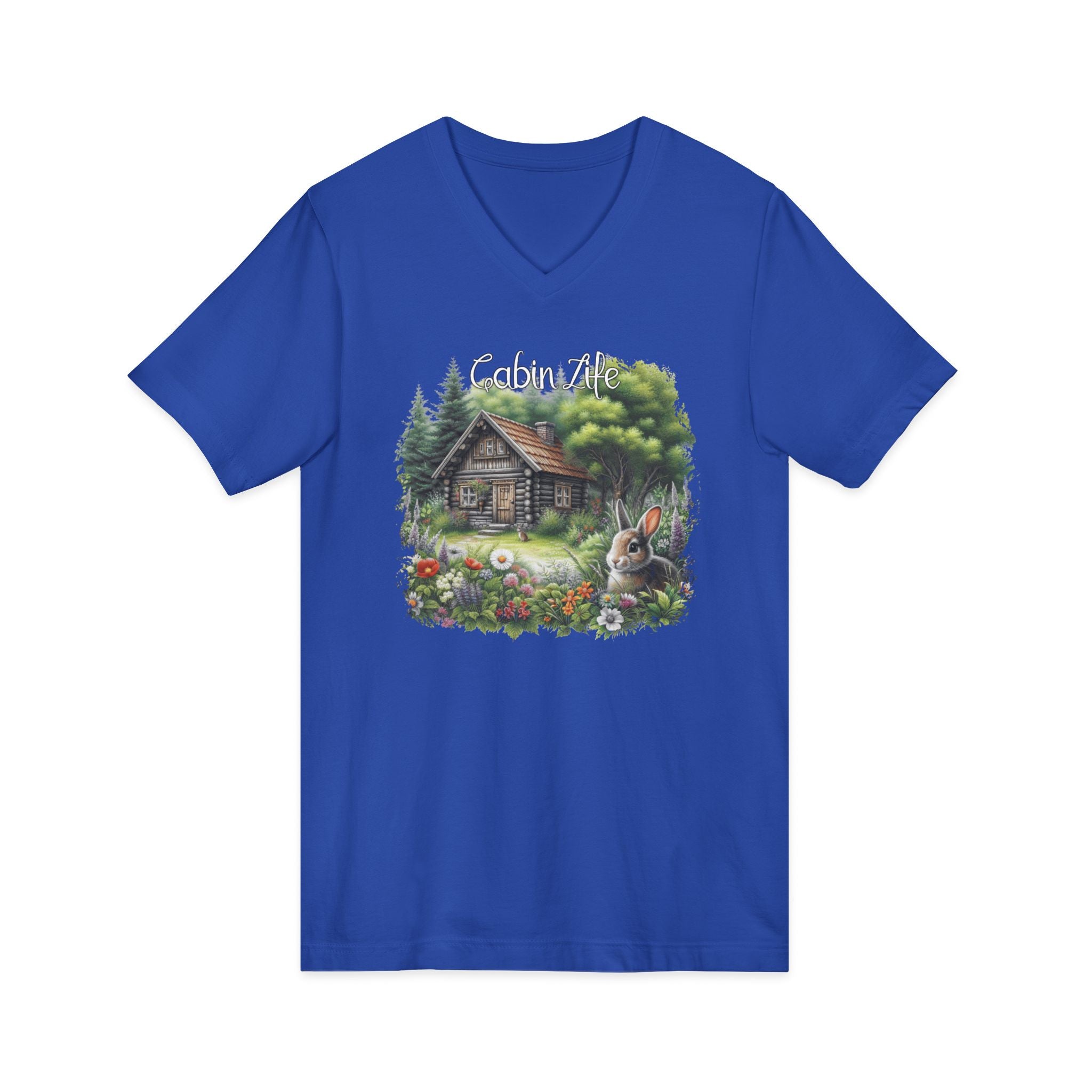 Cabin Life V-Neck Tee – Rustic Cottage & Bunny Nature Shirt