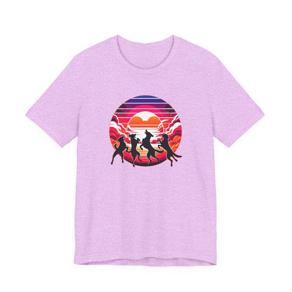 Retro Sunset Dancing Dogs T-Shirt — Vintage Rainbow Skyline Graphic Tee