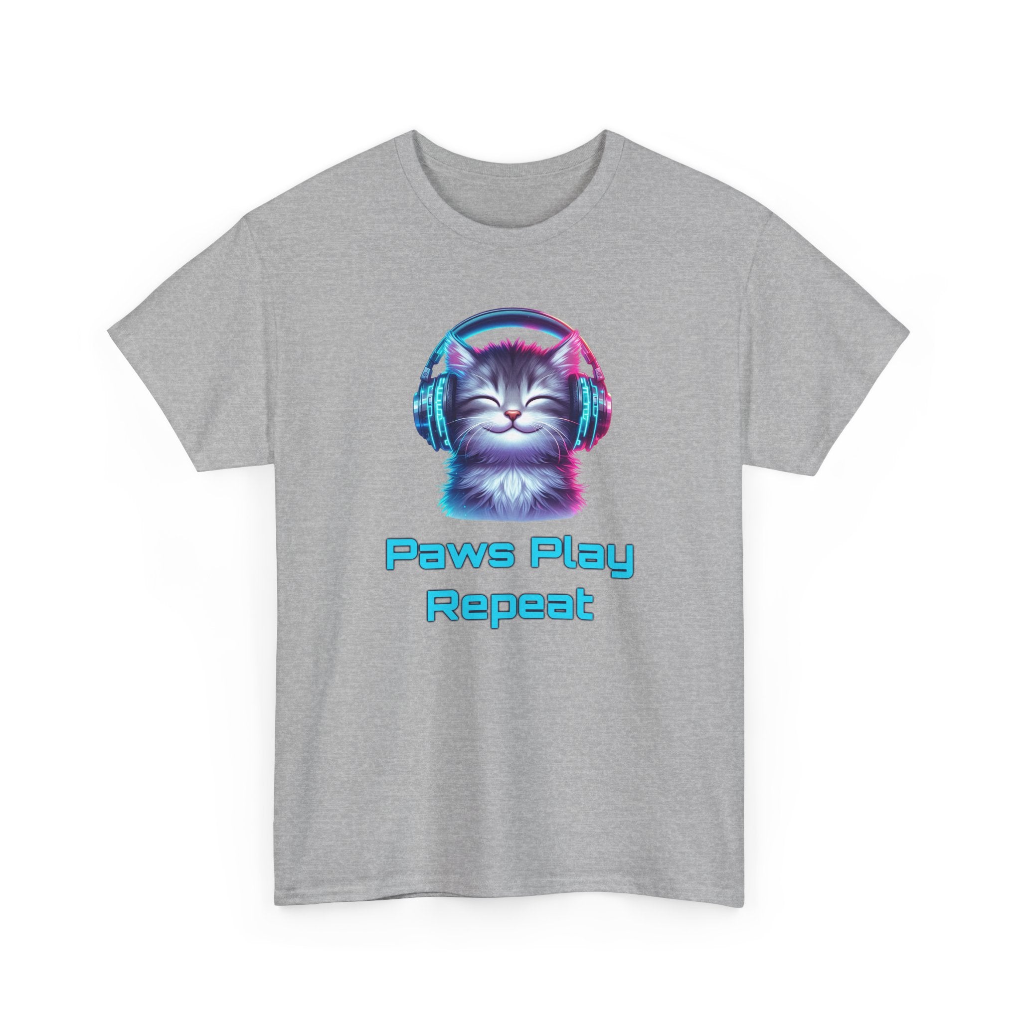 Cat Headphones T-Shirt - "Paws Play Repeat" Cute Music Cat Tee