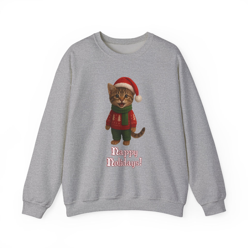 Christmas Kitten Sweatshirt – 'Happy Holidays!' Cute Cat Holiday Crewneck
