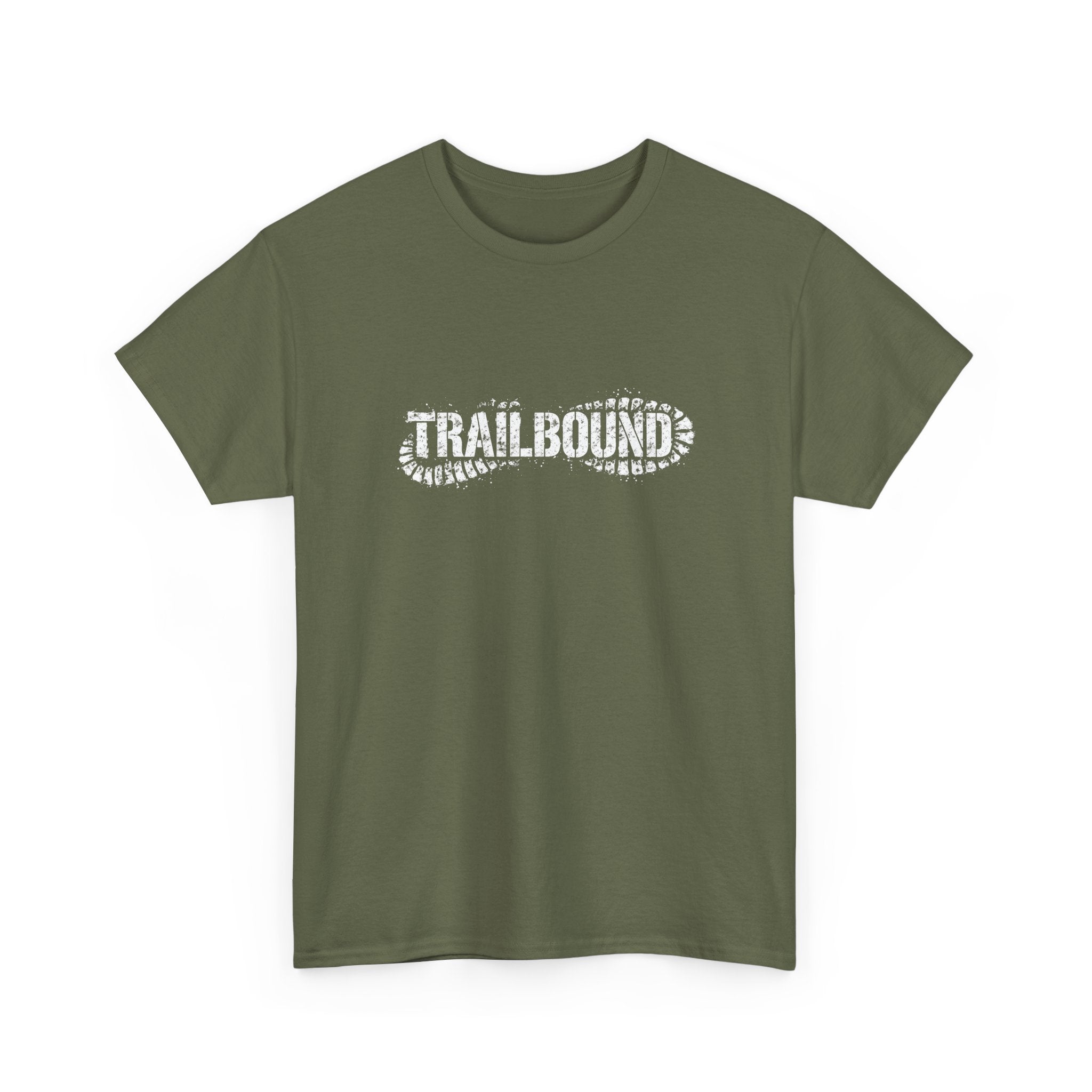 Green t-shirt with 'TRAILBOUND' text on a white background