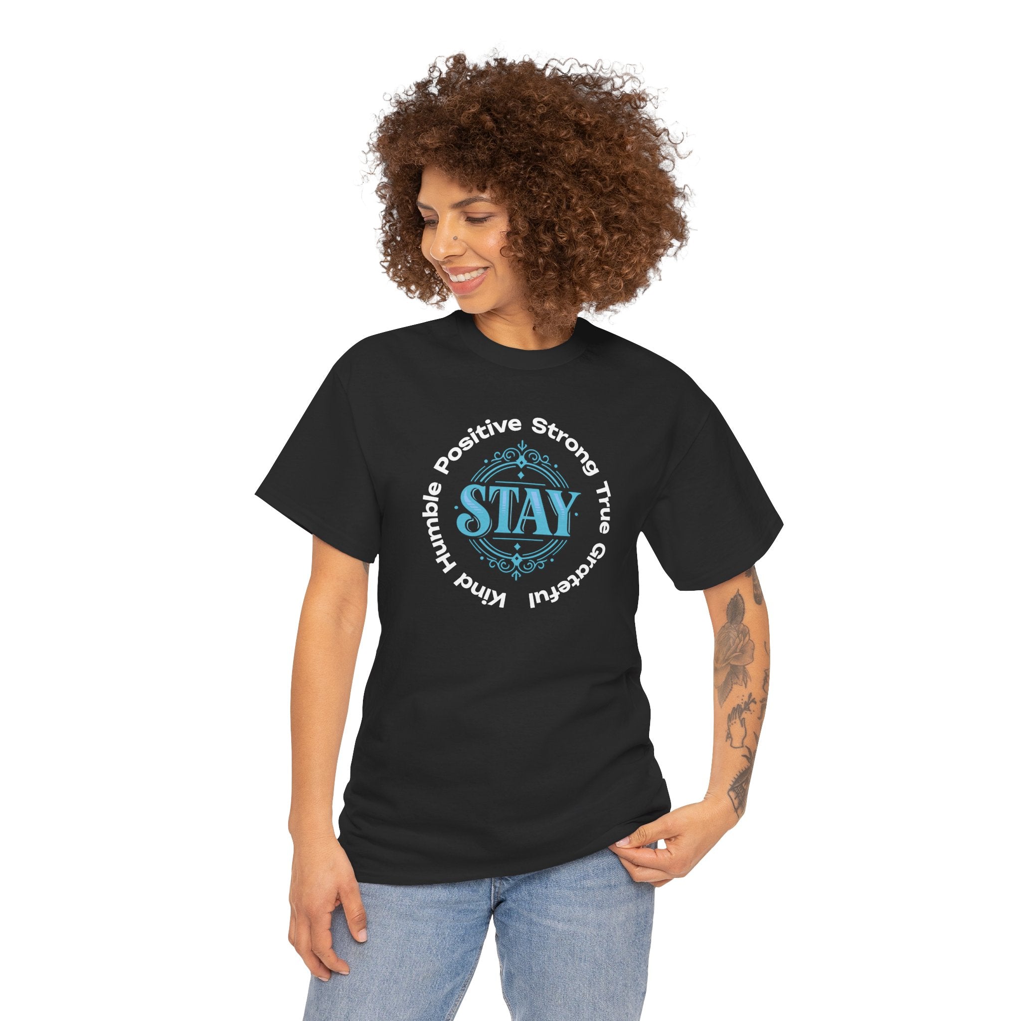 Stay Positive Graphic Tee — 'STAY' Inspirational Badge T‑Shirt