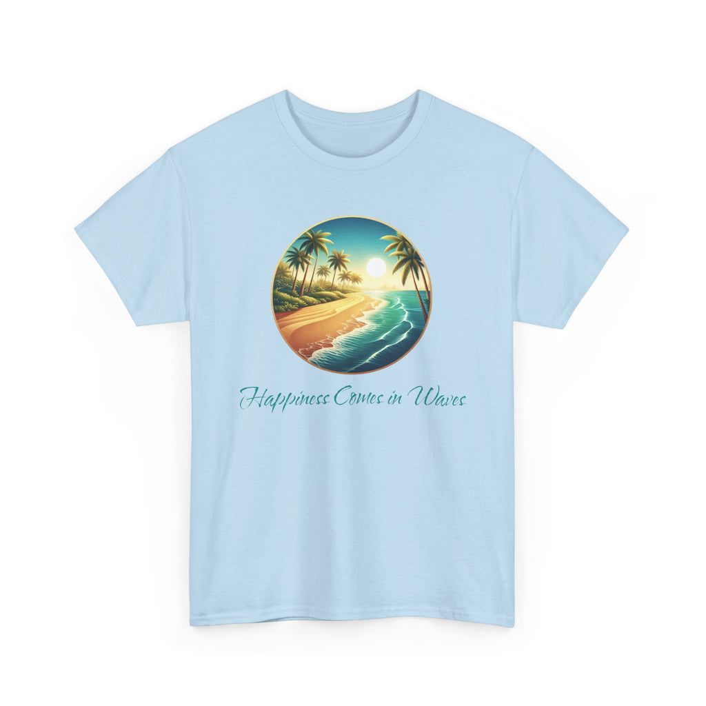 Beach Sunset T-Shirt — "Happiness Comes in Waves" Surf Graphic Tee