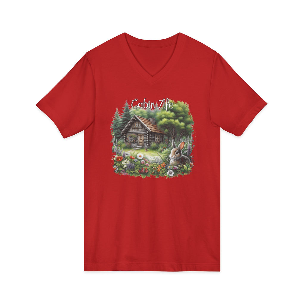 Cabin Life V-Neck Tee – Rustic Cottage & Bunny Nature Shirt