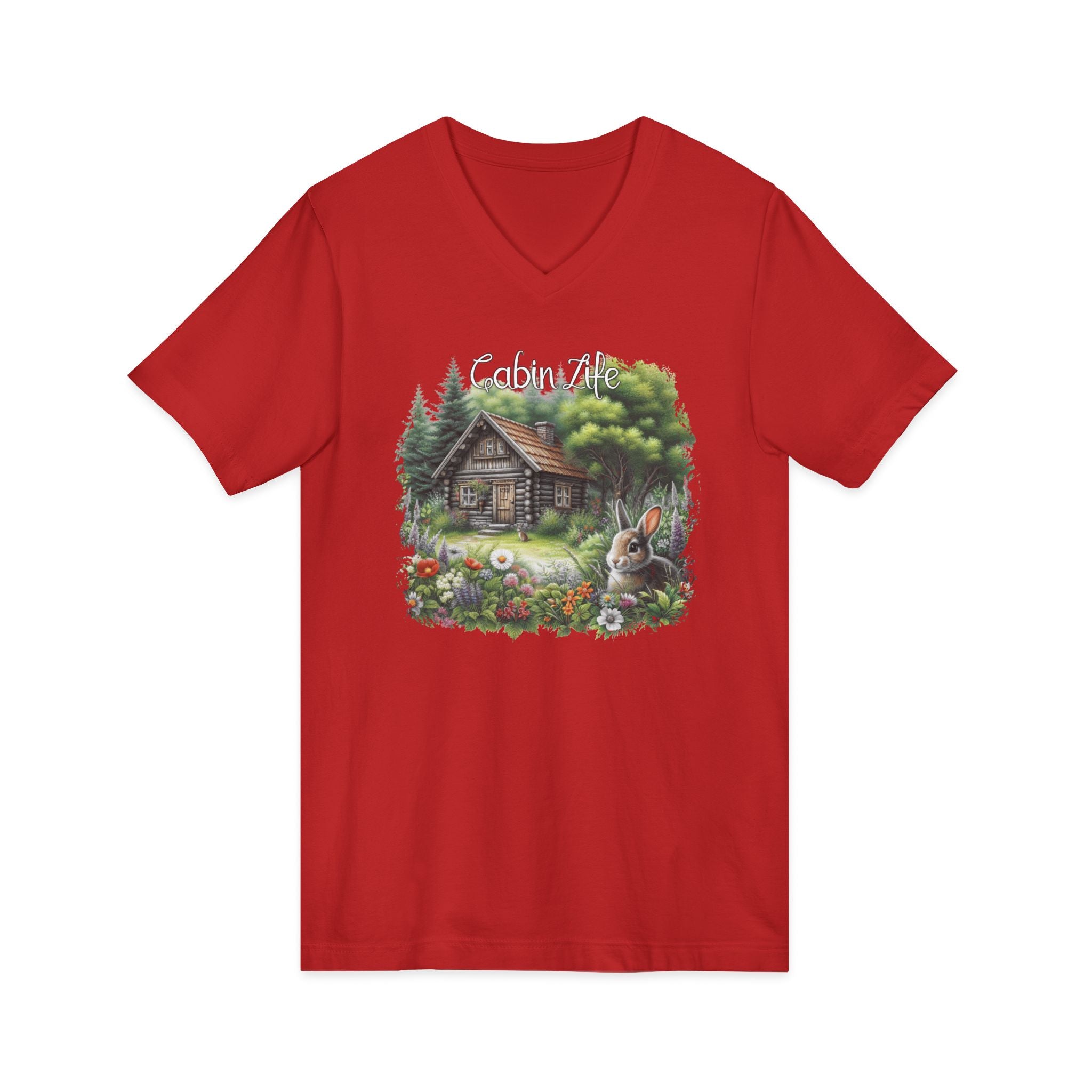 Cabin Life V-Neck Tee – Rustic Cottage & Bunny Nature Shirt