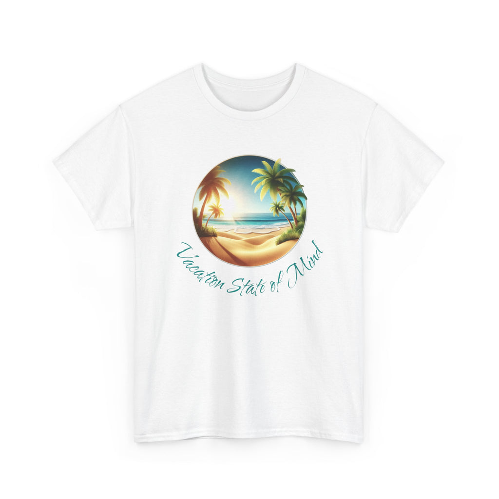 a beach graphic with palm trees and ocean in the middle with the text 'vacation state of mind'