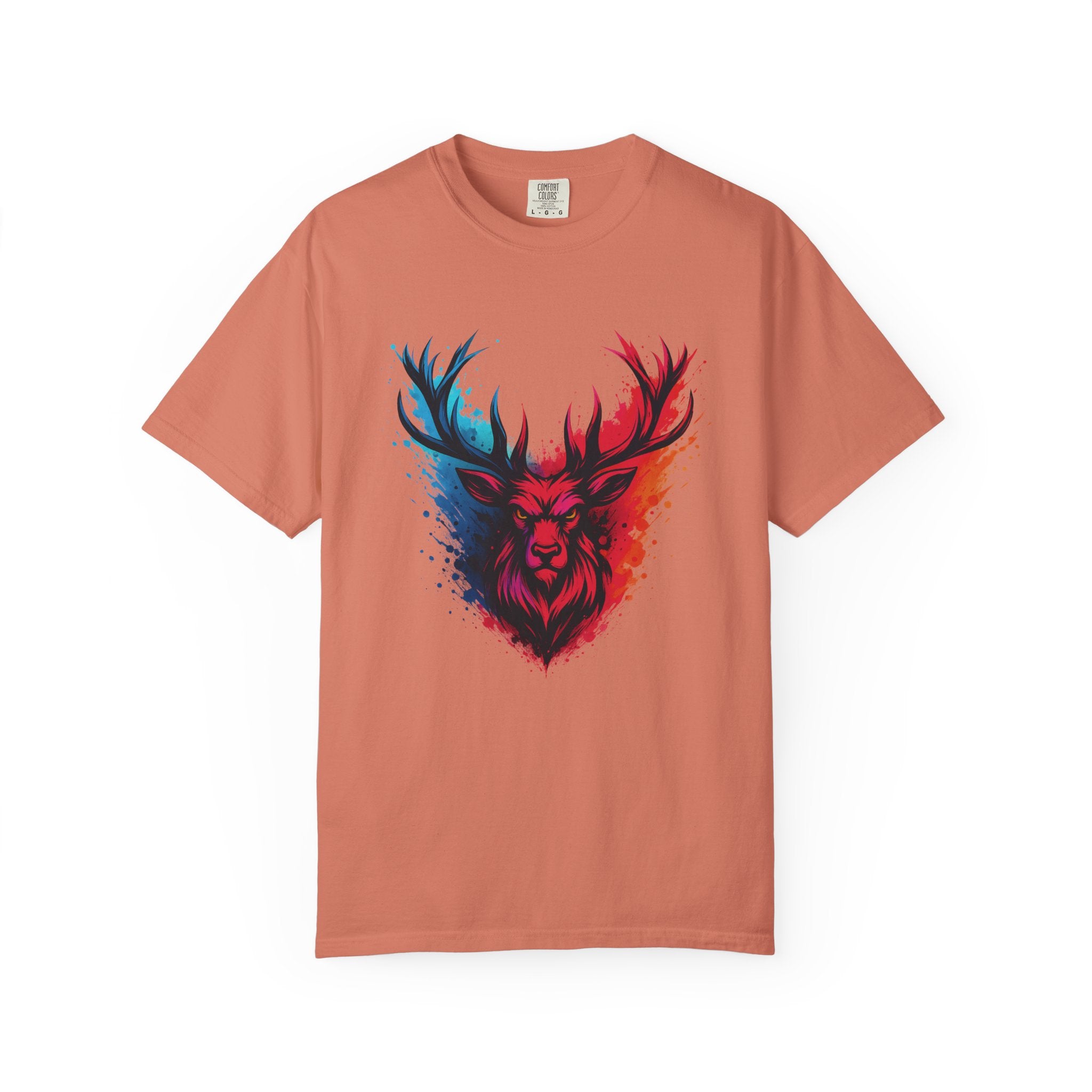 Stag Split-Color Splash T-Shirt — Red & Blue Deer Head Graphic