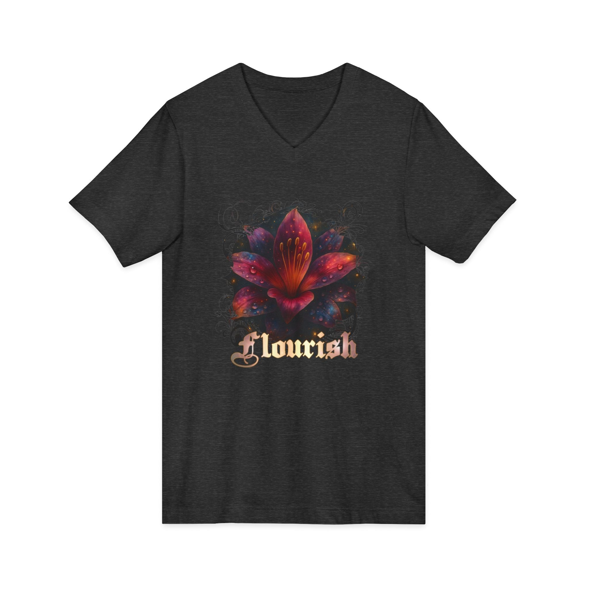 Floral Lily V‑Neck Tee – Dark Garden Bloom Graphic Shirt 'Flourish'