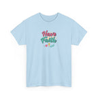 Light blue t-shirt with 'Have Faith' text on a white background